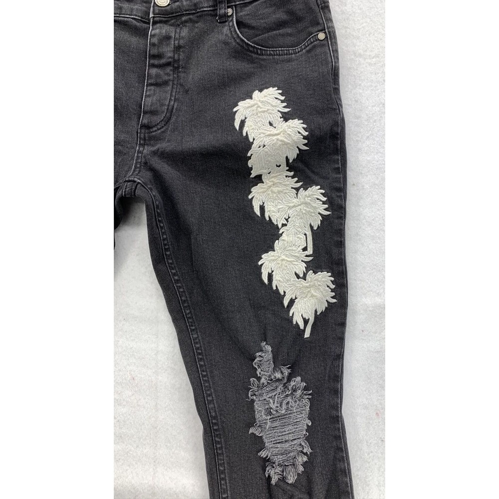 BooHoo MAN Denim Jeans Button Fly Embroidered Black Mens Size 36 Regular - Picture 10 of 14